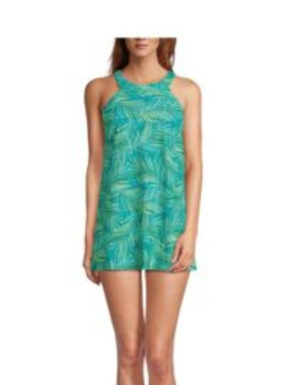 NWOT Lands' End High Neck Green Floral Swim Dress One Piece Swimsuit 12 Petite
